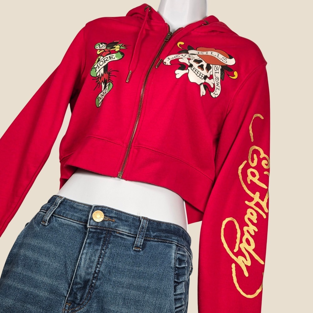 Ed Hardy Women Large Cropped Zip Up Hoodie Red Graphic Gold Skull Heart
